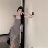 Open-Fork Sling Dress Girl Summer Sweet Hottie Small Flying Sleeve Pure Desire To Close The Waist Net Yarn Dress Irregular Dress