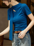 High-Grade Blue Hollow Ribbon With Short-Sleeved T-Shirt 2026 Summer New Light Luxury Ocean Color Thin Age Blouse