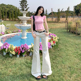 2025 Slim Horn Pants Retro Ice Blue Trumpet Jeans Women Design With A Sense Of Repairing Horseshoe Pants
