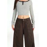 6605 New Coffee Color Retro Babes Split Jeans Women Straight Show Thin Loose Leg Trousers