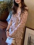 Talia Trendy Holiday Lotus Leaf Side With Horn Sleeve Open Print Dress Female French Dress