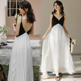 French Small Retro Black And White Splicing Irregular Lotus Edge Super Fairy Sling Dress Women's Holiday 100-Fold Long Dress