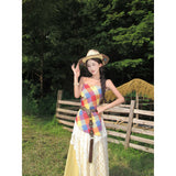 Xinjiang Sichuan West Travel Wearing Dopamine Yellow Lattice Folded Lace Yellow Skirt Three-Piece Set Of Women's Summer