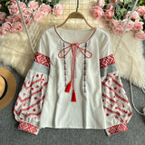 Small-Sized Retro National Wind Embroidery Round Tie With Lantern Sleeve Shirt Women Loose And Thin Top Tide