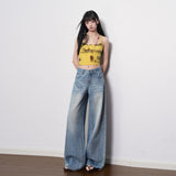 Blue Straight-Tight Texture High-Rise Broad-Legged Jeans Women 2026 Spring New Non-Legged Texture Mop Cotton