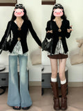 Early Autumn Korean Version Of Temperament V-Neck Black Woman 2025 New Sweet Babes Design Slimming Long Sleeve Tops Ins