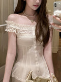Beautiful Sky Silk Wool Lace Splicing A Word Shoulder To Waist Coat Woman