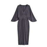 French Temperament Folded V-Neck Seven-Sleeved Dress Women's Knitted Long Dress Open Pocketed And Waist-Poked Skirt New