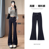 Denning Blue Micro-Trumpet Jeans 2025 Autumn Dress New High-Rise Thin Flip Pocket Drag Floor Lengthening Flared Trousers