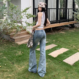 Light Blue Water Wash Classic Retro Micro-Horn Low-Rise Handmade Cat Needs Water Wash Blue Thin Jeans Woman