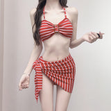 Vintage Striped Neck Swimsuit Female Three-Piece Bikini Burqa Skirt Hottie Holiday Photo Swimsuit