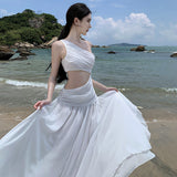 French White Hollow Slanted Shoulder Sleeveless Dress Women Summer High Sense Seaside Holiday Temperament Lanky Dress