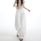 New Paris Buckle Adjustment Waist Design White Jeans Women High-Waisted Loose-Ragging Wide-Legged Trousers