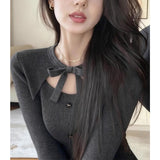 Vintage Gray Bow Tie With Knitted Bottom Shirt Female Design Feeling Autumn And Winter Hottie Hollow Long Sleeve Top