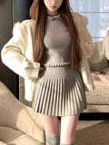 Grey Breeze Peter Pan Collared Bow Knitted Top 100-Fold Skirt Suit