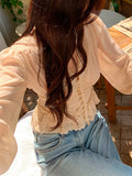 Fairy Lace Shirt V Collar Temperament Thin Folded Lantern Sleeve Chiffon Pearl Buckle Temperament Shirt Summer