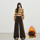 Coffee Color Retro Babes Split Jeans Female Straight Barrel Thin Loose Broad Leg Trousers