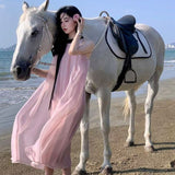 New French Gentle Wind Ins Loose-Tape Dress Sleeveless Sweet Birthday Seaside Vacation Dress