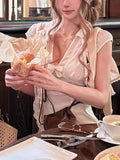 Offer On The Day Of Rest White V-Neck Bow Repair Shirt & Sesame Skirt Short-Sleeved Top
