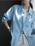 French Sea Blue Linen Shirt Women Thin Loose Temperament Old Money Style High-End Cotton-Sample Sunscreen Shirt