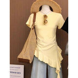 Casual Lazy Wind In Short-Sleeved T-Shirt Women's Summer New Shoulder Shirt Cover Body Slimy Yellow Top