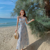 Temperament Sexy Dew-Back Flower Sling Skirt Woman 2025 Summer New To Collect Waist Thin Chiffon Dress