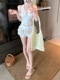 2026 New Sweet Flower Pure Lust Wind Split Swimsuit Women Bikini Flat-Angled Trousers Conservative Hanging Neck Cover Meat Thin