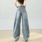 2026 Spring New Loose Broad-Legged Jeans Women's Back Bag Line Embroidery Showing Thin Straight Trousers