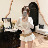 Fake Two-Piece Bottomed Shirt Woman 2026 New White Lace Long Sleeve High-Waisted Short Skirt Gentle Thin Temperament Two Sets