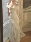 French Open Shoulder Irregular Dress Screen Yarn Elastic Lace Dress Long Version
