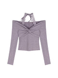 One-Word Shoulder Lace Hanging Neck Long-Sleeved T-Shirt Girl Autumn Kinesi Design Purple Short Bottom Shirt Top