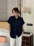 Real Shooting 2025 Summer Korean Simple Retro Buffet Denim Loose Polo Collar Short-Sleeved Shirt 2 Colors