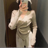 Autumn And Winter V-Neck Knitted Bottom Shirt Women Take Autumn And Winter French Waist Irregular Sweater Long-Sleeved Knitted Shirt Top