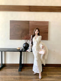 Lightly Styled Temperament Yujie V Tie With Lace Dress Women Spring And Autumn New Waist Thin Bag Hip Fishtail Skirt