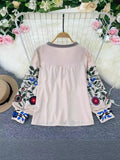 Spring And Autumn Retro National Style Temperament Long-Sleeved Round Collar Collar Embroidered Loose Shirt Female Air Doll Shirt