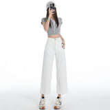 Eight Points / Nine Points Of Rice White Denim Straight Trousers Women 2026 Summer New Slant Front Bag Retro Broad Leg Pants