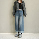 Autumn High-Waisted Ripping Elastic Straight Jeans Women's Large-Size Slim Slim-Skin-Nine Trousers Small