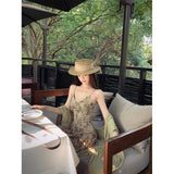 2025 New Green Jersey Ink Green Jiangnan Smoke Rain Shawl Sling Dress To Collect The Waist Thin Temperament Dress