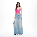 26 Years Of Spring And Summer New Light Green Retro Washing Mid-Rise Tug Loose Hole Denim Drag Jeans Woman
