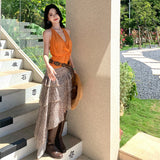 Sexy Collar Folded Collar Hanging Neck Leopard Twill Folded Skirt Design Long Skirt