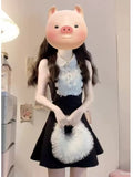 Rich Family Gold High-End Feeling Black Sleeveless Vest Dress Summer Lace Design Feeling Waist A Word Fluffy Skirt