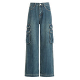 Vintage Blue Water Wash Trousers Jeans Women's New Retro High-Waist Straight Broad Leg Pants