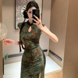 New Chinese Retro Printing Improved Cheongsam Dress High-End Mother Style Thousands Of Kinds Of Bag Hip Long Skirt Temperament