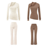 Kardashian Comfortable Skin Irregular Collar Repair Body Folded Waist Trousers Autumn Casual Set