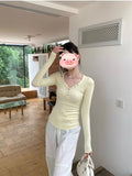 Vintage V-Neck Long-Sleeved T-Shirt 24 Autumn New Elastic Slimmed Shoulder Milk Yellow Blouse In Tide