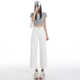 Eight Points / Nine Points Of Rice White Denim Straight Trousers Women 2026 Summer New Slant Front Bag Retro Broad Leg Pants