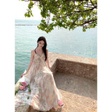 French Retro Oil Painting In The Flower Fairy Holiday Dress Print Long Temperament Hanging Neck Hanging Dress